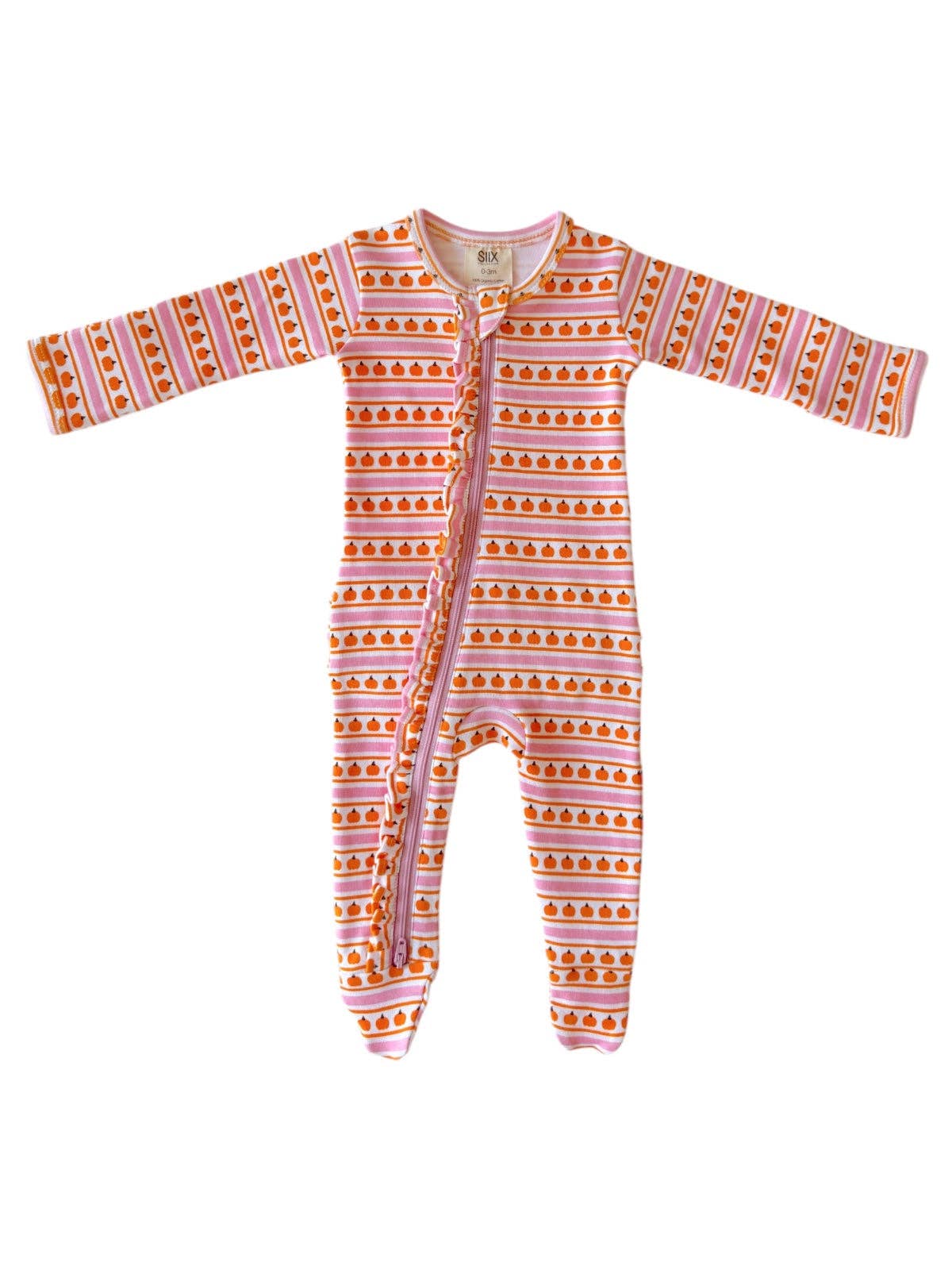 Organic Zipper Romper - Pink Pumpkins with Ruffles