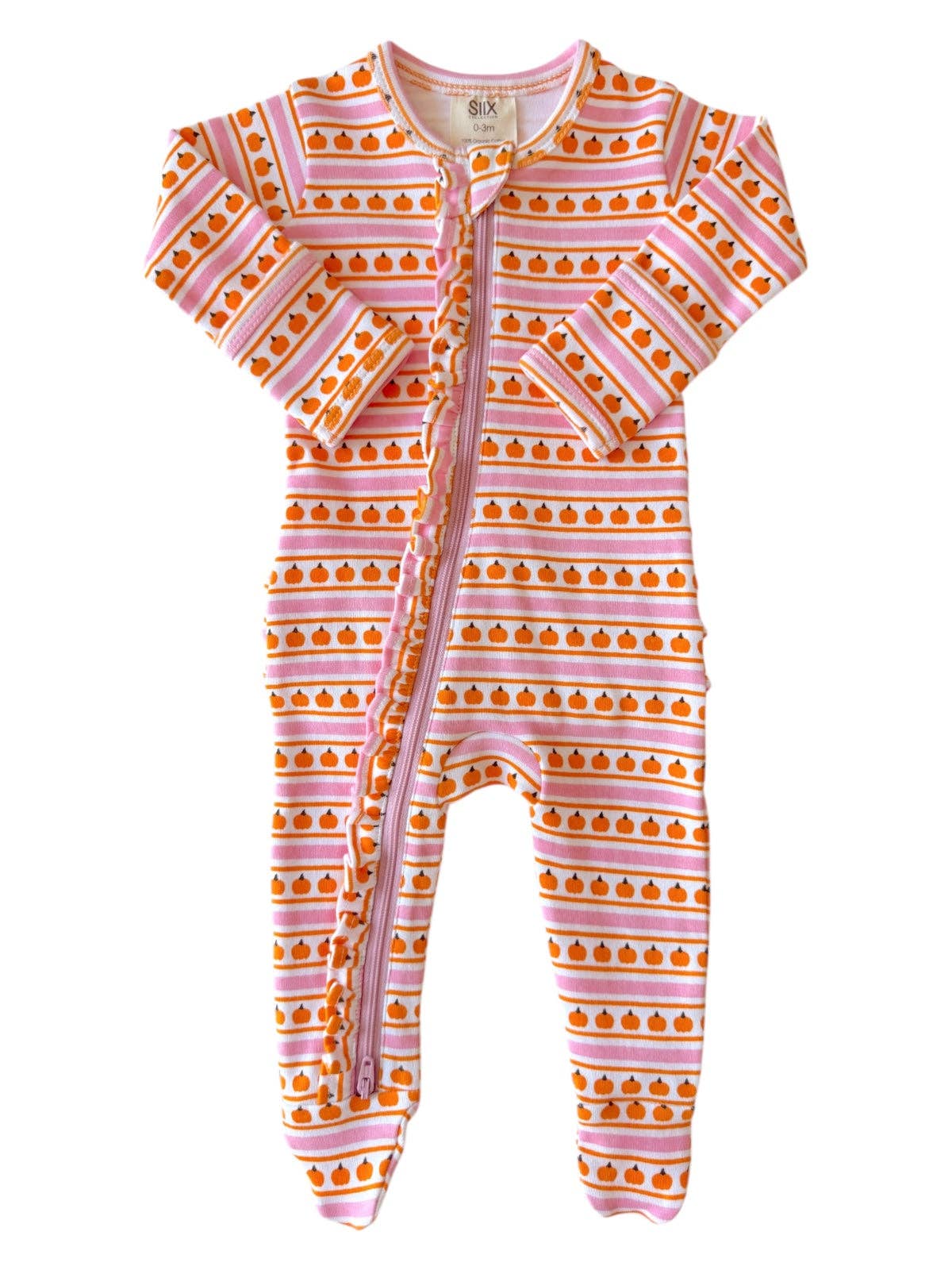 Organic Zipper Romper - Pink Pumpkins with Ruffles