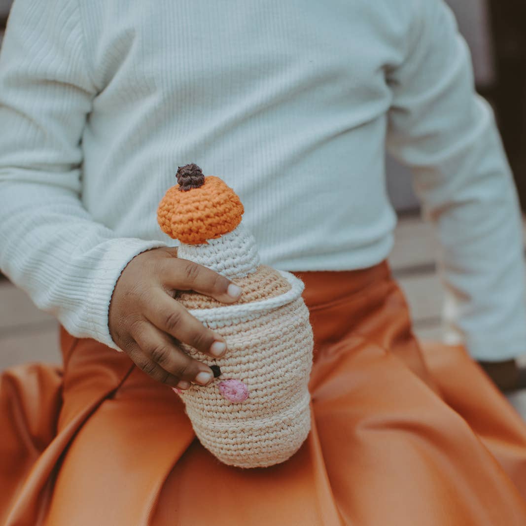 Handmade Crochet Pumpkin Spice Latte Rattle - Organic Cotton Toy