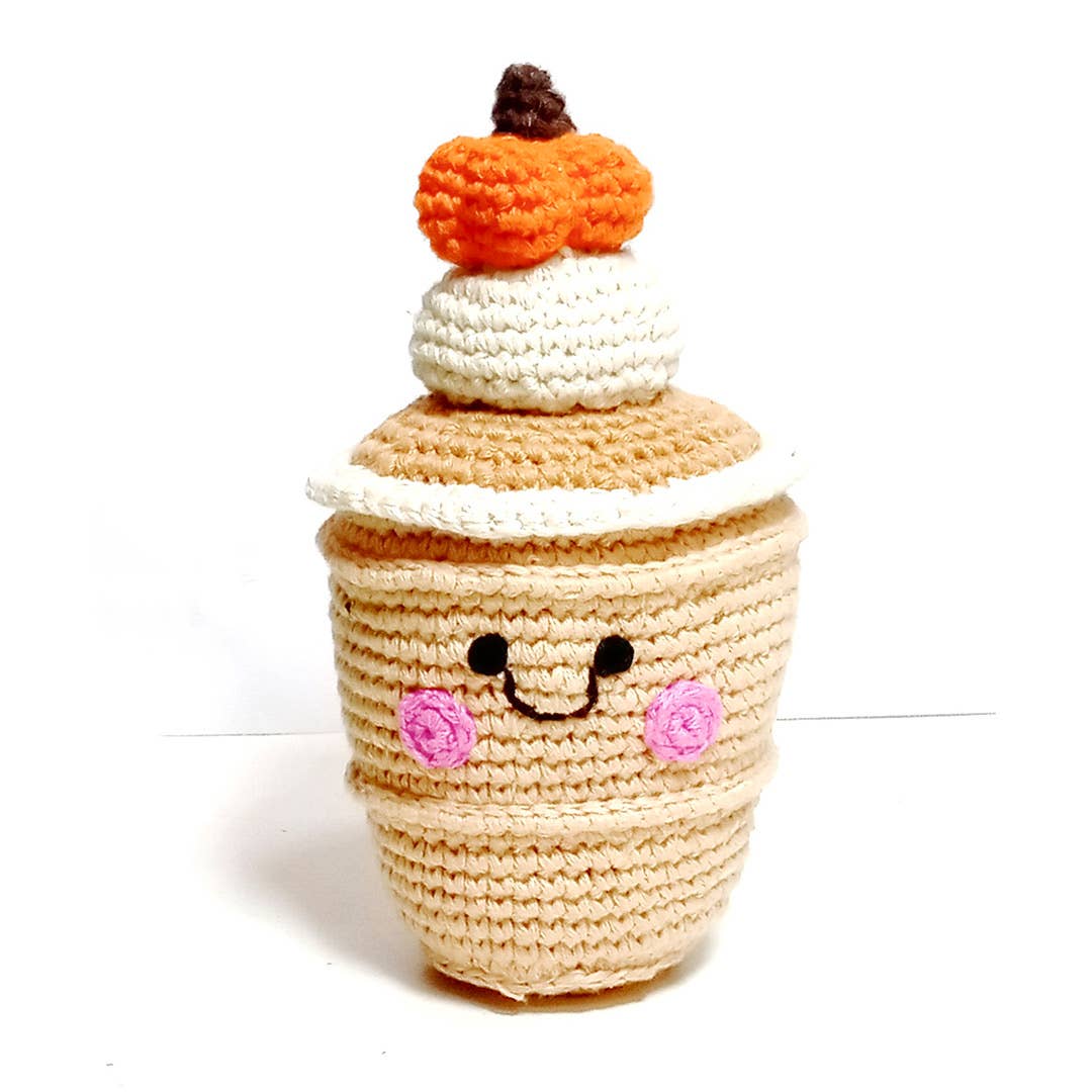 Handmade Crochet Pumpkin Spice Latte Rattle - Organic Cotton Toy