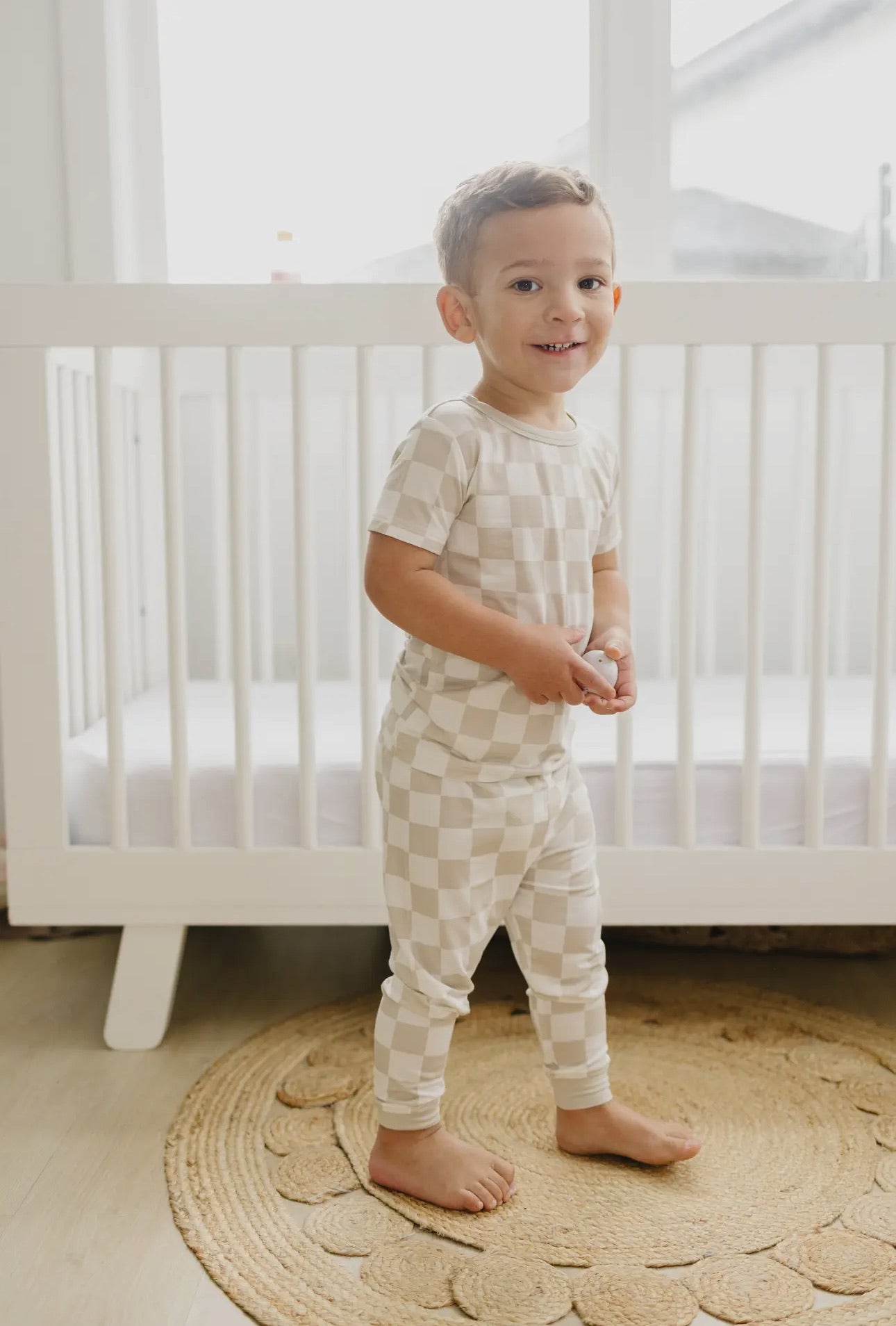 Two-Piece Neutral Checker Short Sleeve Pajama Set